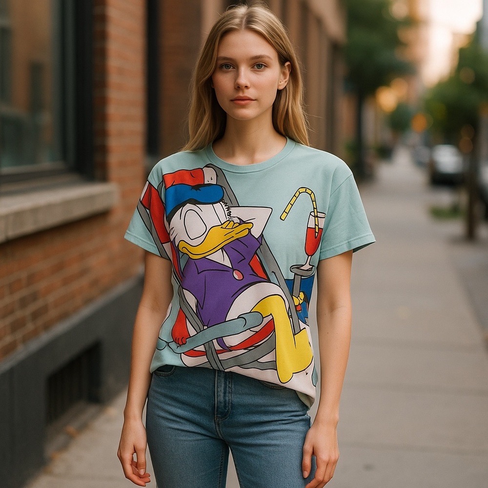 Rare 90s Caro Amorosa Unisex Graphic Donald Duck Tee Size Small No Size Tag
